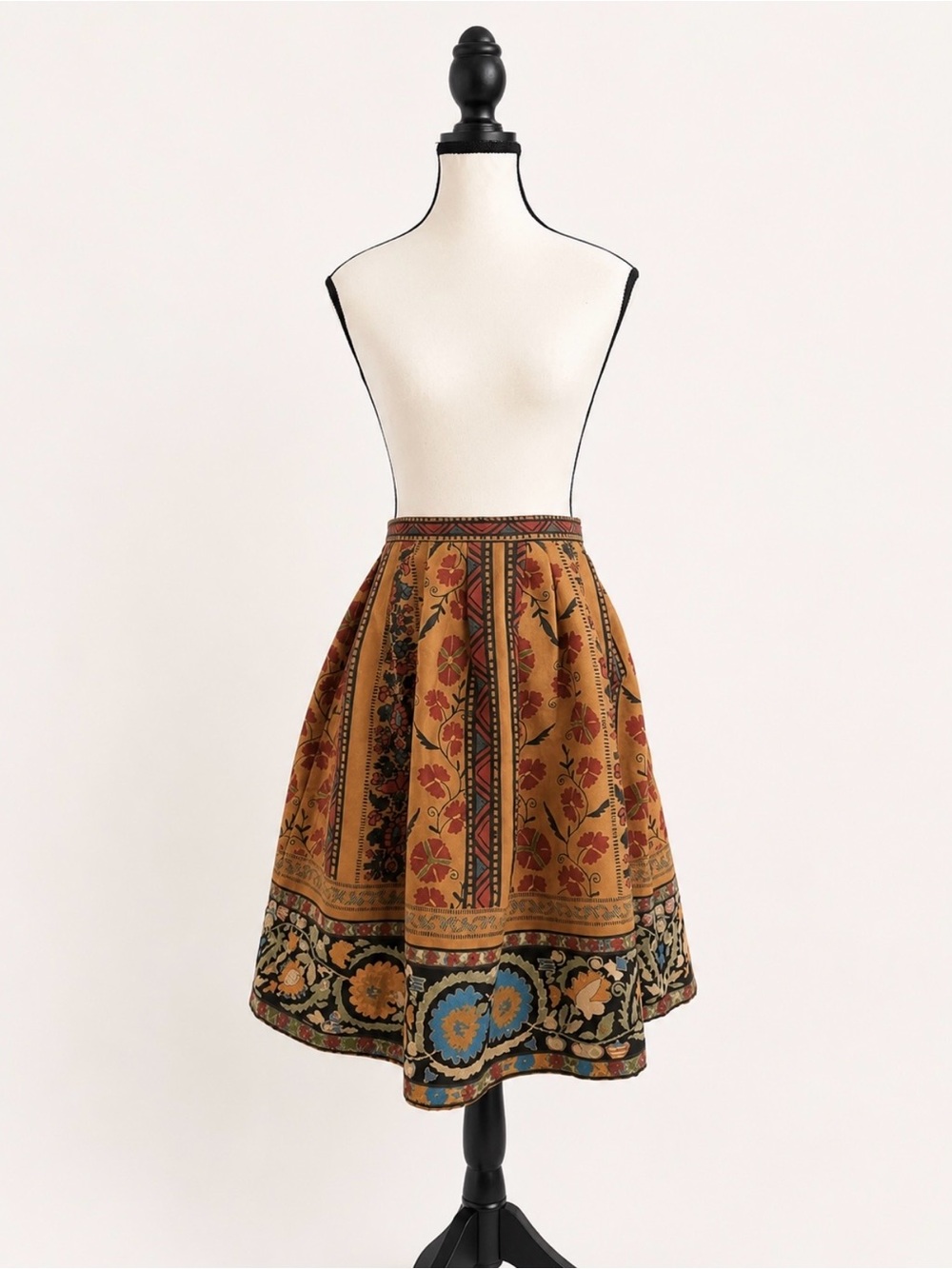 Jealous Tomato Mustard Boho Pleated A-Line Midi Skirt Floral Border Print Small
